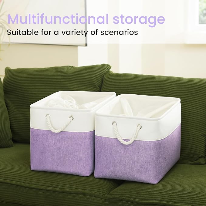 Large Storage Baskets- 16x12x12 inch Storage Bins for Shelves and Closet Organizing, Foldable Fabric Bin for Home Organization Clothes and Laundry (1-Pack, White&Purple)