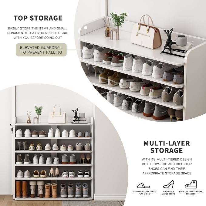 5 Tier Shoe Rack, Wooden Shoe Storage Cabinet, Large Capacity Tall Shoe Shelf Free Standing Shoe Rack Organizer for Closet Entryway Garage Bedroom, Brown