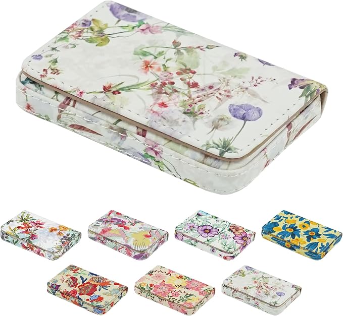 Business Card Holder，PU Leather Business Card Case Color Printing Pattern Card Holder Wallet，Pockets Magnetic Credit Card Holders for Men and Women - White Flowers