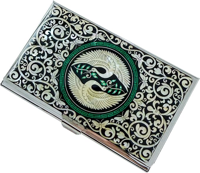 Mother of Pearl Business Card Case Credit Id Name Holder Travel Wallet Art Painting Design Metal Stainless Steel Engraved Slim Purse Pocket Cash Money Wallet -Crane-(Kiss)