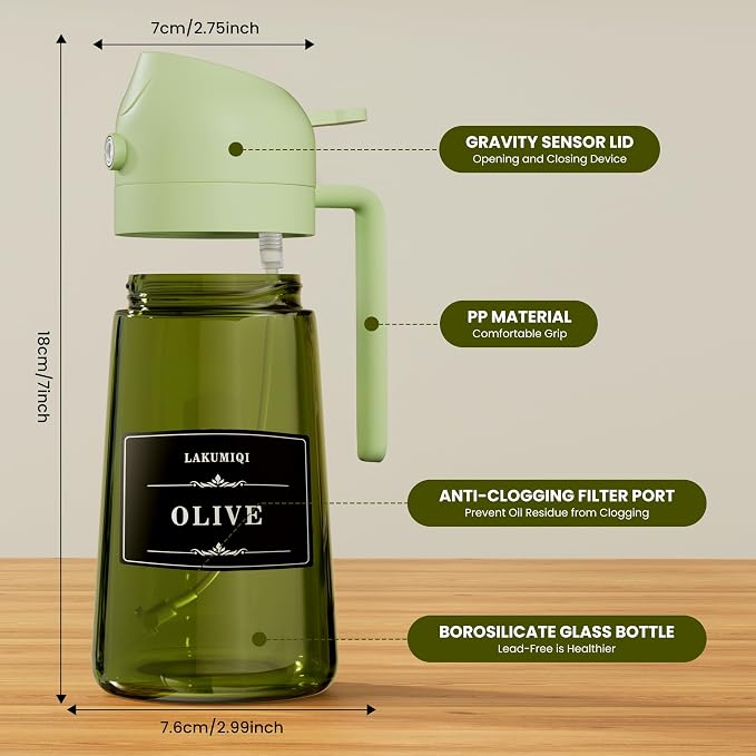 Oliver Oil Sprayer Dispenser for Cooking Bottle 16oz Green Glass Green | 2-in-1 Lightproof Borosilicate Glass Oil Bottle, Wide Mouth for Easy Refill Clean