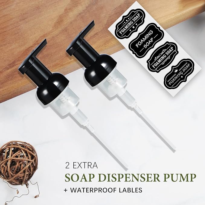 Amolliar Plastic Mason Jar Foaming Soap Dispenser with Pump Lid,16OZ Refillable Hand Soap Dispenser Set with Cute Lables - Farmhouse Decor for Kitchen/Bathroom, Lotion Liquid Dish Soap (2 Pack, Black)