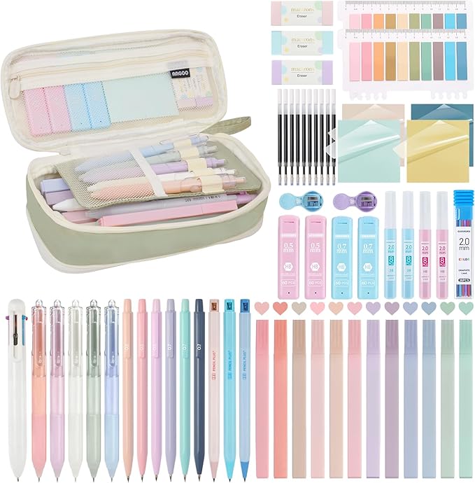 58 PCS Aesthetic School Supplies with Cute Pencil Case,12 Pastel Highlighters, 5 Gel Pens Black Ink，9 Mechanical Pencils for， Student Stationary ，CollegeEssentials Gifts (Green)
