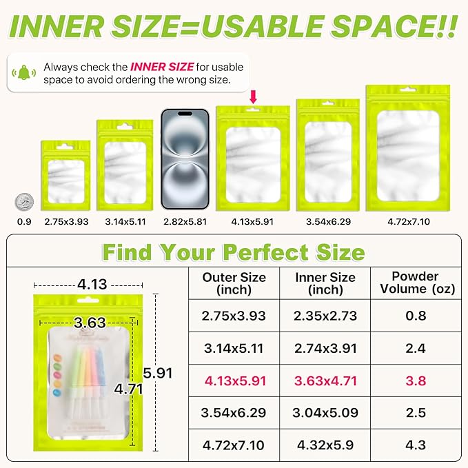 100 Pack Smell Proof Bags, Resealable Packaging Mylar Bags, Heat Seal Bag with Frosted Clear Window, Foil Pouch Smell Proof Zipper Bag for Food Storage (Green, 4.13 x 5.91)