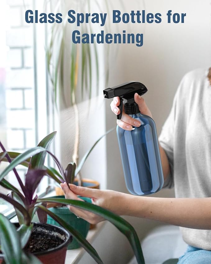 Bontip Glass Spray Bottle, Indigo Blue Glass Spray Bottle Set & Accessories Refillable for Plants Window Cleaners Aromatherapy Facial Hydration Watering Flowers Hair Care (2 Pack/16 oz)(Indigo)