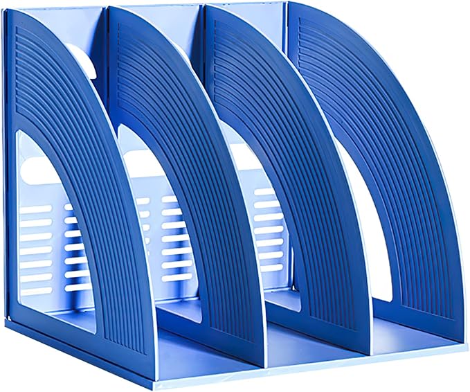 A4 File Holder Magazine File Folder Desk Organizer, Compartments Bookshelf Document Divider Paper Box Bookends for Office Home Organization and Storage Racks (Blue, 3 Compartments)