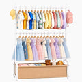 Kids Clothing Rack with Double Rod, Storage Basket & Hooks, Height Adjustable Kids Clothes Rack, Portable Baby Dress Up Garment Rack for Princess Dresses, White
