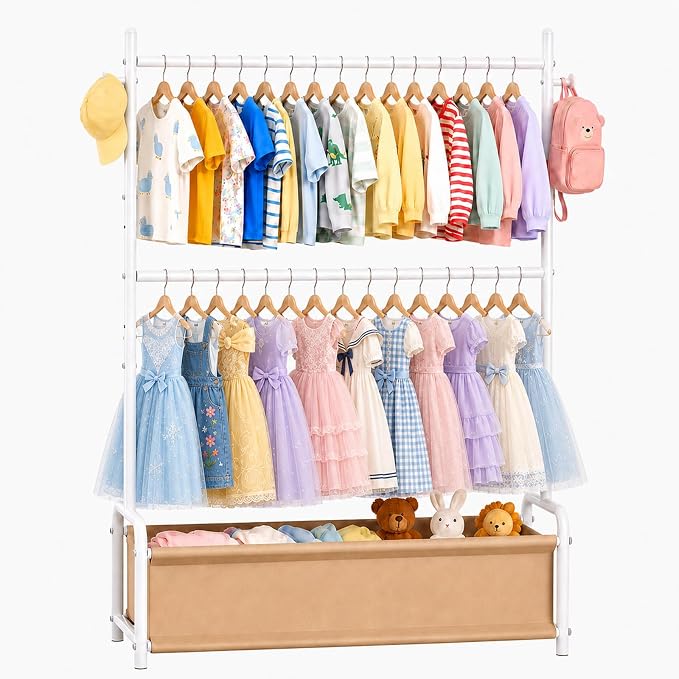 Kids Clothing Rack with Double Rod, Storage Basket & Hooks, Height Adjustable Kids Clothes Rack, Portable Baby Dress Up Garment Rack for Princess Dresses, White