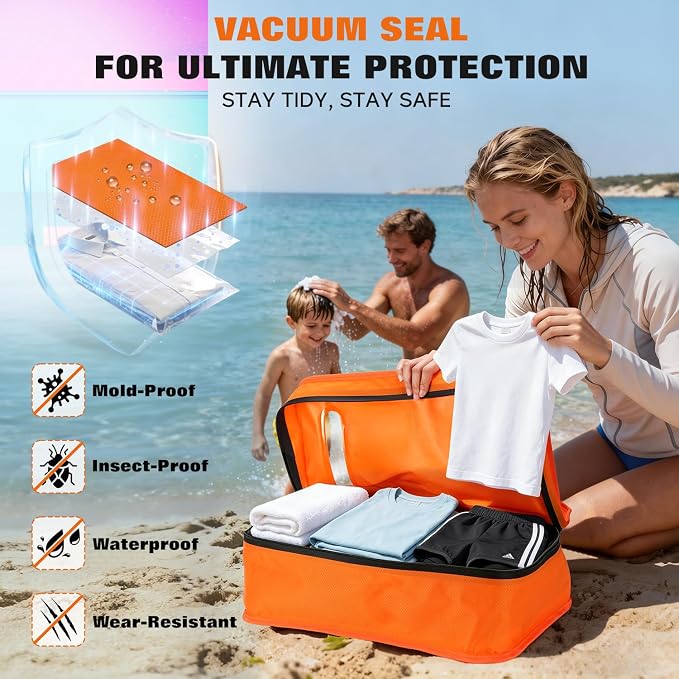 Vacuum Bags for Travel with Wired Pump, Travel Compression Bags for Clothes, 180° Open Zipper, Save 80% Space, IP68 Waterproof Travelpack Vacuum Kit for Luggage, Suitcase, Home Storage (2 Pack + Pump)