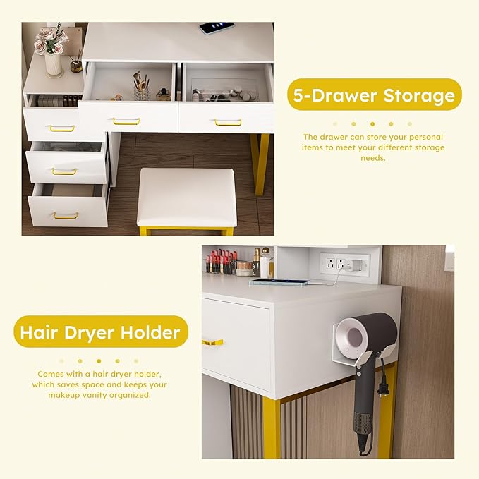 Small Makeup Vanity Desk with Mirror and Lights, Vanity Table Set with Storage Drawer & Open Shelves, 3 Lighting Colors, LED Adjustable Brightness White Makeup Vanity with Stool