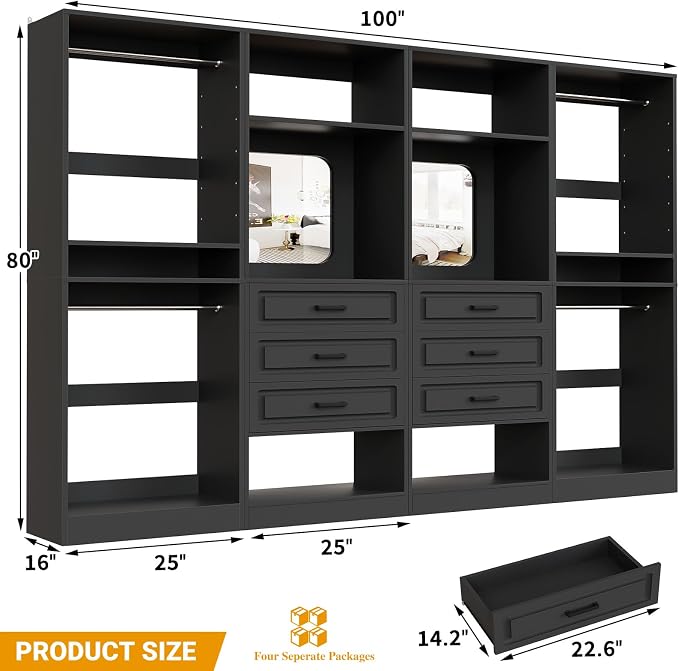 Unikito Closet System with Drawers, 100” Wood Closet Organizer with Hanging Rods and Mirror, Large Walk in Wardrobe Garment Rack with Adjustable Shelves, Sturdy Freestanding Closet Tower, Black