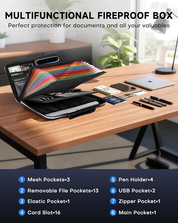 DOZAWA Fireproof Document Box, Waterproof Hard File Organizer with Lock | UL-94 VTM-0 certified 8-layer document box withstands up to 5200°F, featuring waterproof zippers for total file safety, Black