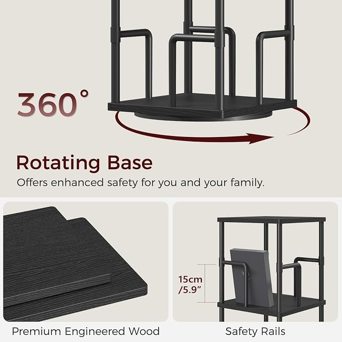 MAHANCRIS 5-Tier Rotating Bookshelf, Freestanding Corner Bookshelf, 360° Spinning Bookcase, Industrial Style Storage Rack with Rails, for Living Room, Bedroom, Study, Black BKBK1601