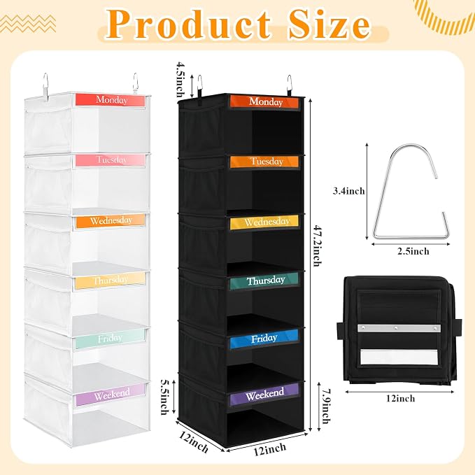 Amylove 2 Pack 6 Shelf Weekly Clothes Organizer for Kids with Side Pocket, 47 Inch Days of the Week Clothes Organizer, Monday to Friday Daily School Outfits Clothing Divider for Kids(Black,White)