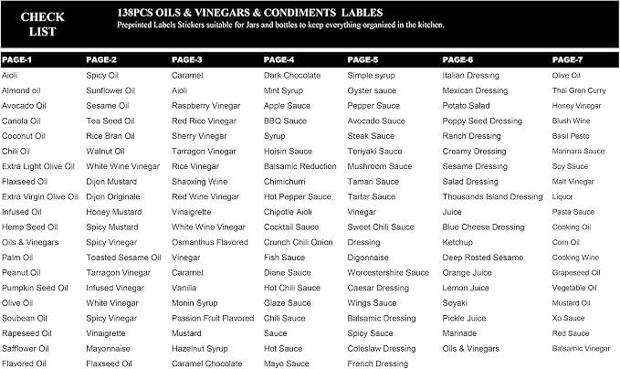 138 Oil and Vinegar Labels for Bottles, White Script Clear Preprinted Condiments Stickers for Squeeze Dispensers Kitchen Pantry Organization, Waterproof & Oil-Proof