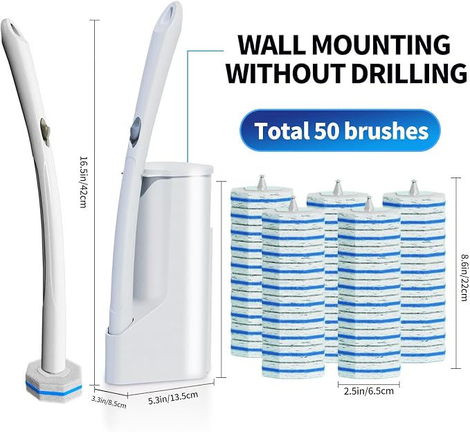 Hohoky Disposable Toilet Brush Cleaning System, Two Sets of Wands and 60p Refills Pads Replacement Heads, Wall Mounted Toliet Stick Starter Kit Bathroom Maintenance, Toilet Bowl Cleaner Holder