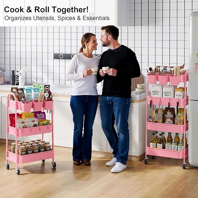 4 Tier Rolling Cart Metal with Lockable Wheels, Four Tiered Pink Trolley Cart on Wheels, Utility Storage Organizer Carts for Bathroom, Kitchen, Art, Craft, Baby Diaper Caddy, Snack, Makeup, Nail, Lash