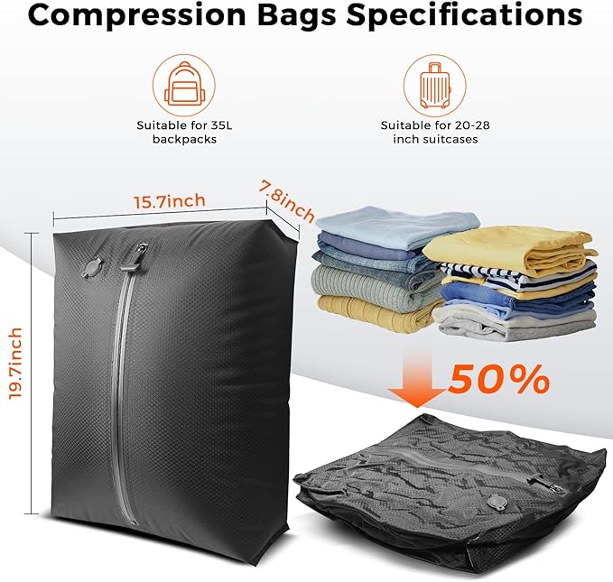 Travel Vacuum Bags with Pump, IP67 Reusable Vacuum Compression Bags for Travel, Backpack & Suitcases | Space-Saving Vacuum Seal Packing Cubes for Clothing (1PC-L-PUMP)