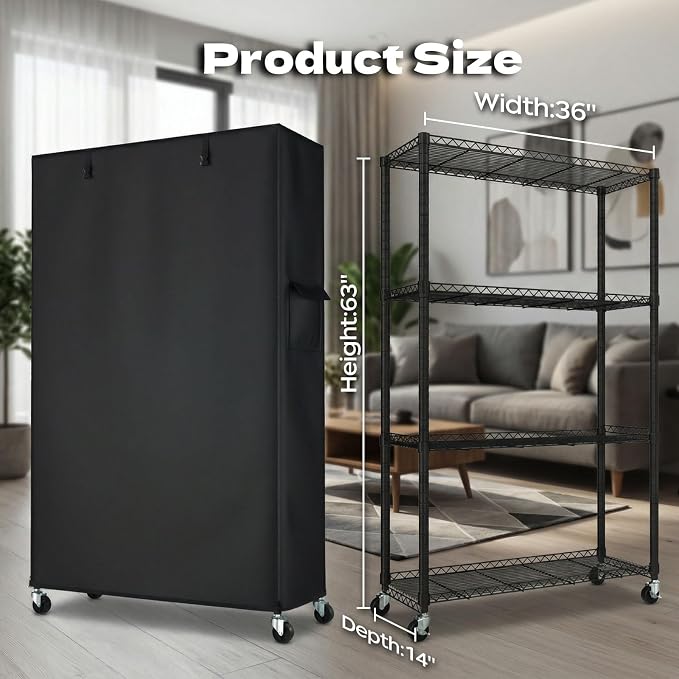 4-Tier Wire Shelving with Cover and Wheels, 36"x14"x63" Storage Rack | Heavy duty Wire Shelves with 600D Oxford fabric cover, Rolling Metal Storage Shelf for dorm, pantry, kitchen or closet