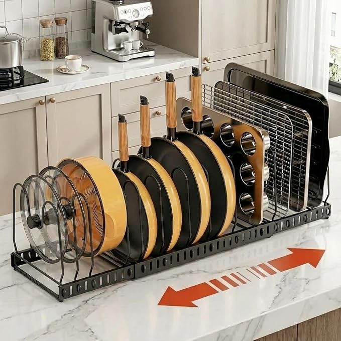 Pot and Pan Organizer Rack for Cabinet, 3 Expandable Pot Lid Organizer Holder with 12 Adjustable Compartment for Kitchen Cutting Board, Pan Lid, Cabinet Cookware Baking