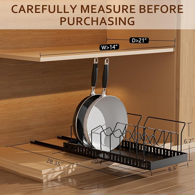 Black Pull Out Pot Lid Organizer, Cabinet Pan Rack, 10 Dividers | 2-pack black carbon steel rack, 16 adjustable dividers, quiet slide rails, adhesive or screw mount for lids, pans, bakeware