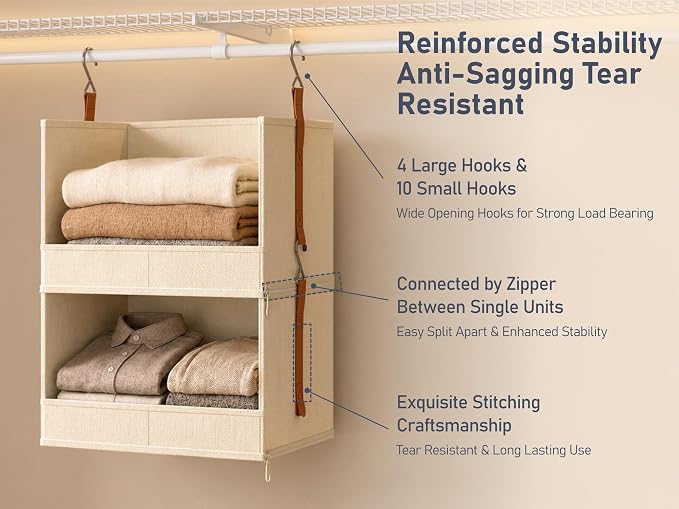DIMJ Hanging Closet Organizer - 6-Tier Modular Hanging Shelves with Zippers Hooks, Collapsible Baskets for RV, Dorm, Small Spaces, Fabric Storage Bins for Clothes, Handbags