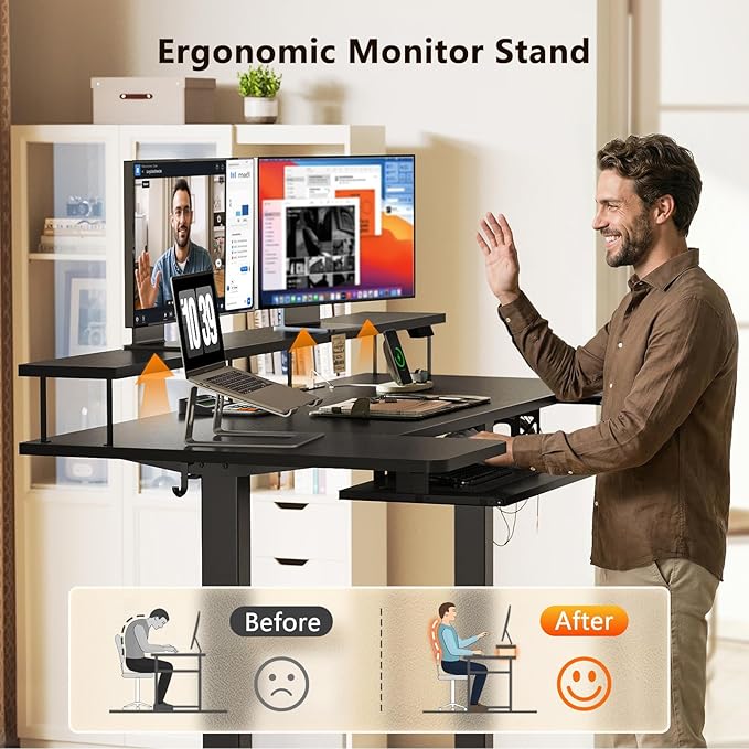 OffiGo 63 Inch U Shaped Electric Standing Desk with Keyboard Tray, Black | 3 Outlets & 2 USB Ports, Dual-Monitor Stand, 10 Colors & 10 LED Modes, 3 Presets, 28.3"-46.5"in Range, 154 lb Capacity