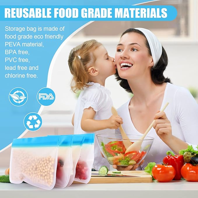 Food Storage Freezer Bags- 24 Pack Leakproof (8 Reusable Gallon Bags + 8 Reusable Sandwich Bags + 8 Reusable Snack Bags) for Meat Fruits and Vegetables.