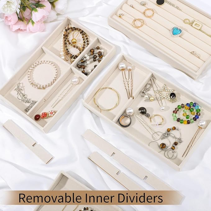 Dntorx Stackable Jewelry Organizer Trays, 6 Set of Velvet Jewelry Drawer Insert Sets Organizer Trays Jewelry Display Case Storage with Removable Dividers for Earring Necklace Rings Bracelet（Beige）