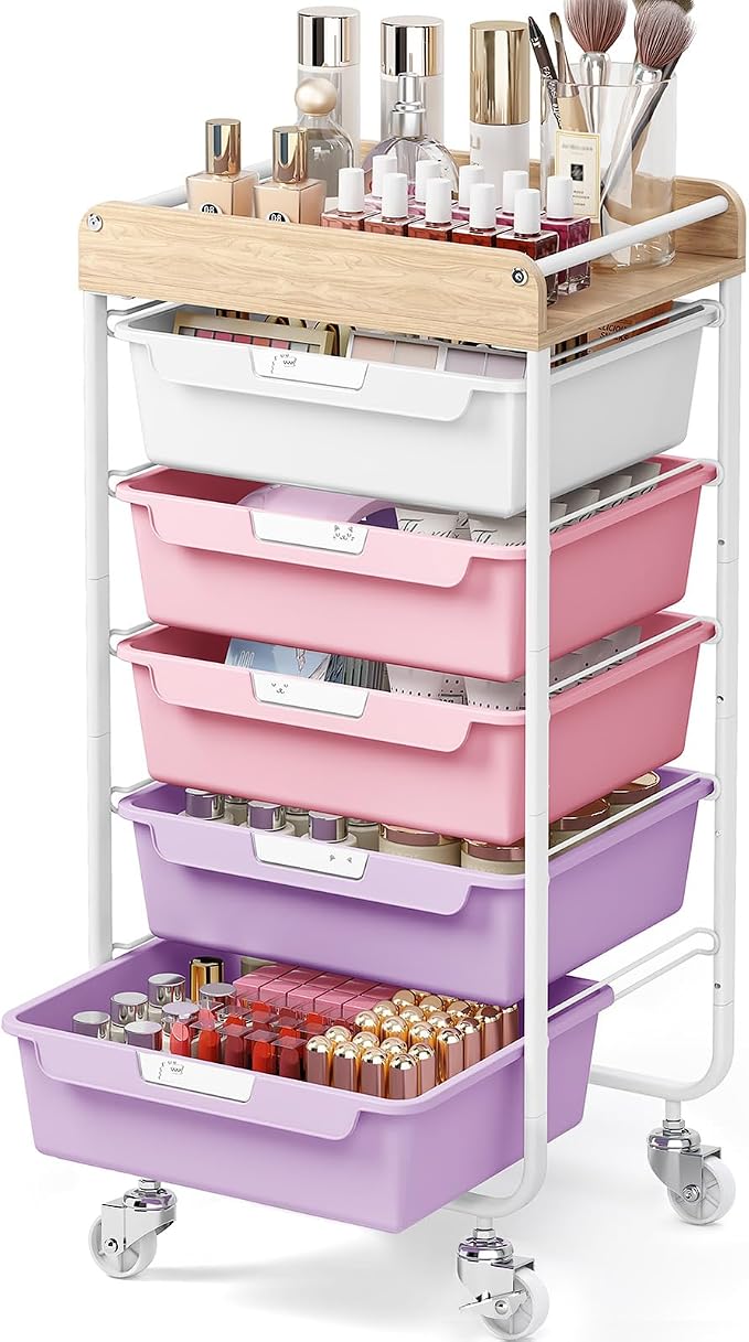 SYKIARIOL Utility Cart with 5 Labeling Drawers and Wooden Tabletop – Rolling Storage Cart for Crafters, Artists, Kids, Teachers, and Students – Organize Arts, Crafts, Sewing & Study Supplies
