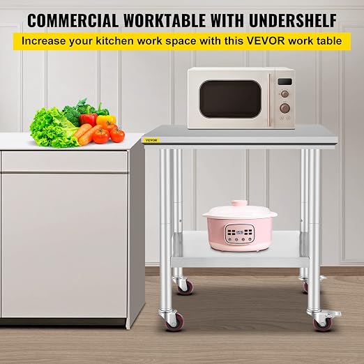 VEVOR Stainless Steel Work Table 30 x 24 x 33 Inch Prep Table with 4 Caster