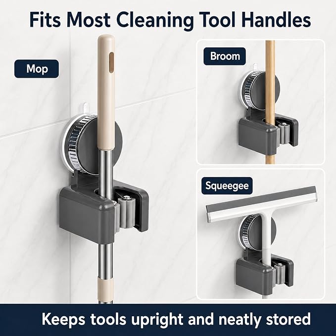 Suction Cup Mop and Broom Holder Wall Mount, 2 Pack No Drill Rotating Mop Gripper and Broom Hanger, Single Slot Cleaning Tool Holders for Bathroom, Kitchen, Laundry Room, Gray