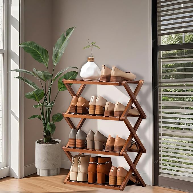 Jessie Bamboo Shoe Rack,Free Standing Shoe Rack for Closet,Portable Folding Shoe Storage Rack, Space Saving,Shoe Shelf for Bedroom Entryway Hallway Closet Living Room (Brown-5 Tier)