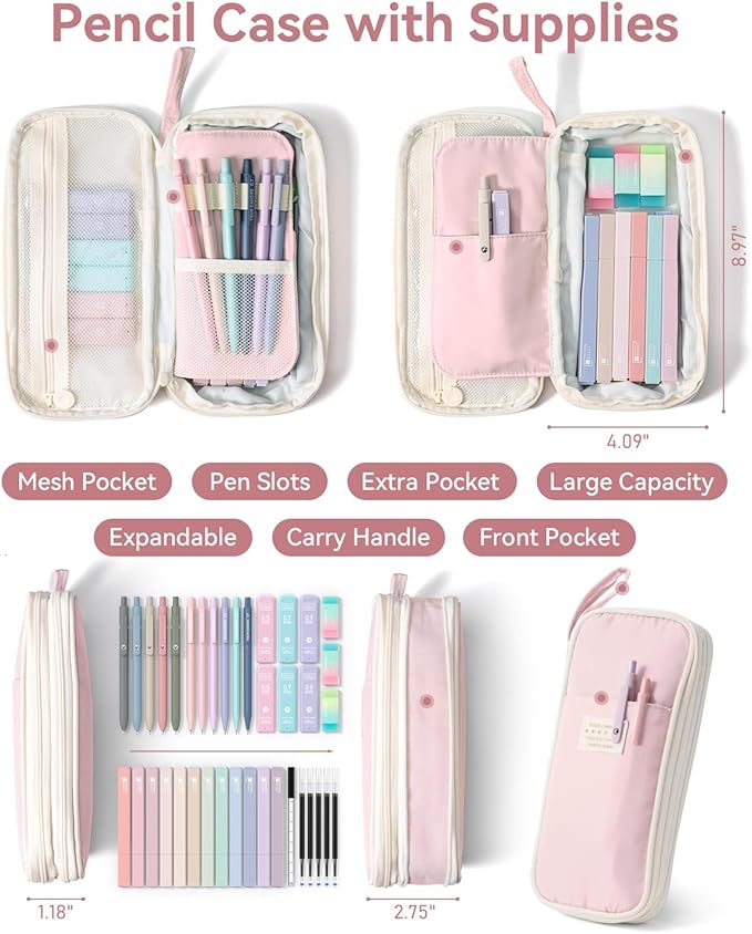 Four Candies 39 PCS Aesthetic School Supplies with Cute Pen Case, 12 Pastel Highlighters, 5 Black Ink Gel Pens, 6 Mechanical Pencils Set for Students Stationary College Essentials (Pink)