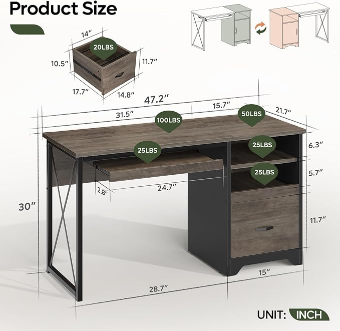 Bestier 47" Office Desk with Drawers, Industrial Computer Desk with Drawer, Reversible Teacher Desk with Storage & Keyboard Tray for Small Space Home Office & Studio, Gray Wash | 47 Inch Desktop With File Drawer, Open Storage, Keyboard Tray And Reversi...