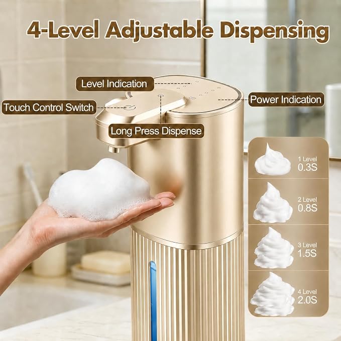 Automatic Soap Dispenser, Foaming Soap Dispenser Touchless with Continuous Dispensing, 4-Level Adjustable, Rechargeable Hand Soap Dispensers, Wall Mounted or Countertop for Bathroom & Kitchen