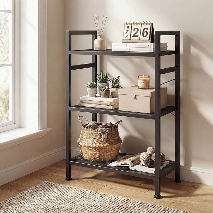 DUMOS 3 Tier Bookshelf, Home Office Bookcase Shelf Storage Organizer | Free Standing Open Display Storage Shelving Unit for Bedroom, Living Room Black