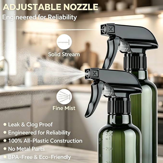 Plastic Spray Bottles (2 Pack 10 oz), Leakproof Adjustable Fine Mist & Jet Stream Nozzle, Premium BPA-Free Plastic Multi-Purpose for Hair, Plants, Cleaning (2 PACK CLEAR)