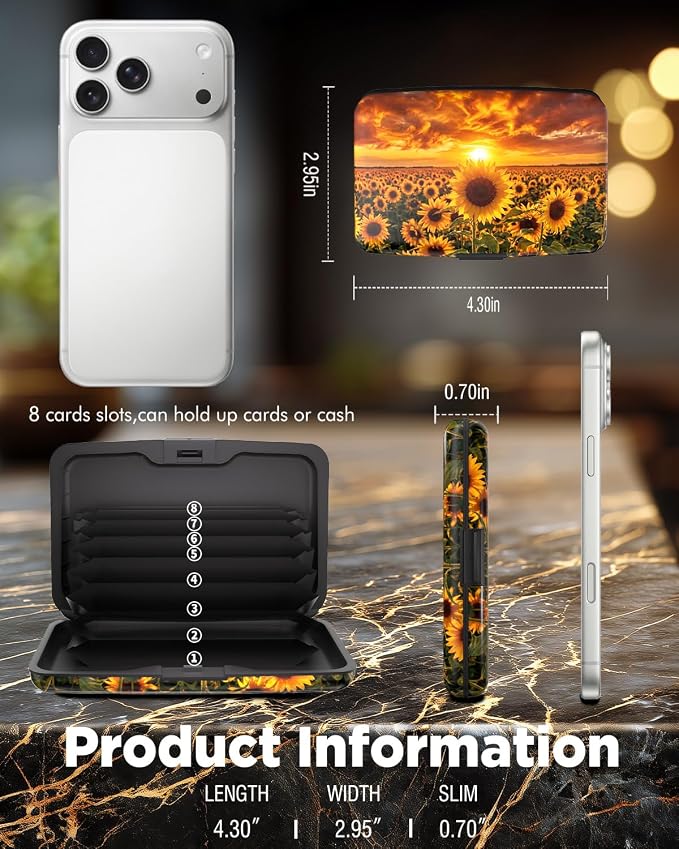 Maicican RFID Blocking Aluminum Credit Card Holder | Slim Metal Wallet for Women & Men, Business Card Case for Travel, Fits Front Pocket, Card holder wallet - Sunflowers