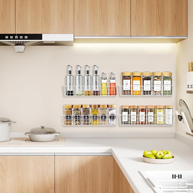 Spice Rack Organizer Wall Mount, 4 Pack White Storage Basket for Kithceh Seasoning Organizer Spice Organization for Kitchen and RV