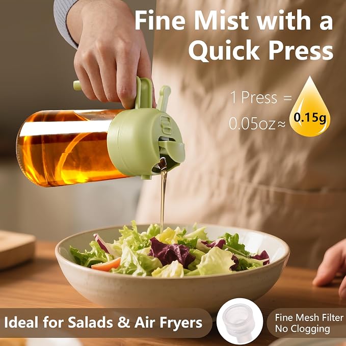 SWEET VIEW Oil Sprayer for Cooking 16oz/470ml | Glass Oil Dispenser/Pour Bottle, Kitchen Accessories, Kitchen Gadgets for Air Fryer, Salad, BBQ, with Stickers (Green)