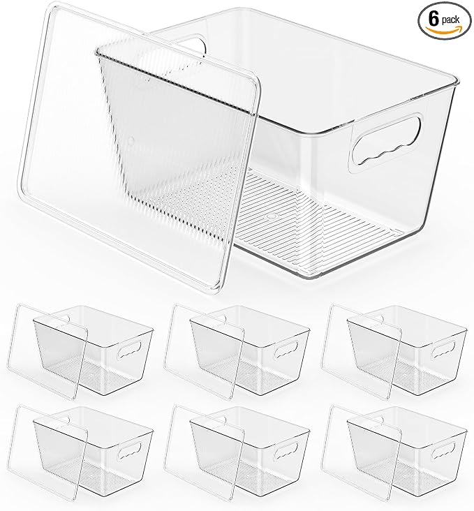 Clear Fridge Organizer with Handles & Lids, 6 Pack Large 11.5×7.5×6 Inch | Stackable Clear storage bins with handles, food organizer basket for kitchen, fridge, freezer
