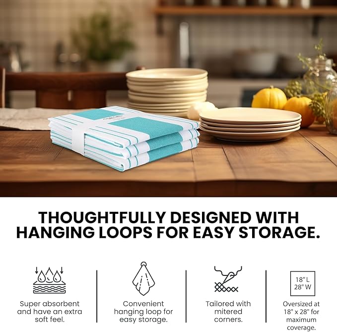 Stripe Kitchen Towels Mordern Design Centreband Dish Towels Boho Stripe Absorbent Festive Gift Set of 3 Pantry Reusable Kitchen Dish Towel|Easter Spring Decor 18x28 Inch Teal Blue