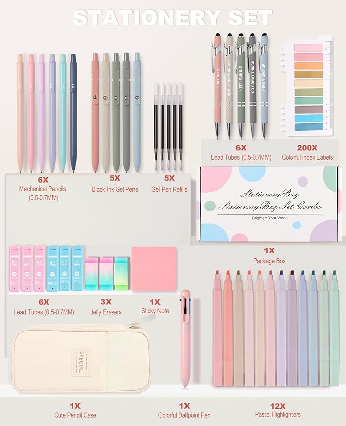 56 PCS Aesthetic School Supplies with Large Pencil Case, 5 Inspirational Ballpoint Pens, 12 Pastel Highlighters, 5 Black Ink Gel Pens, 6 Mechanical Pencils 0.5-0.7mm Student Essentials (Beige)