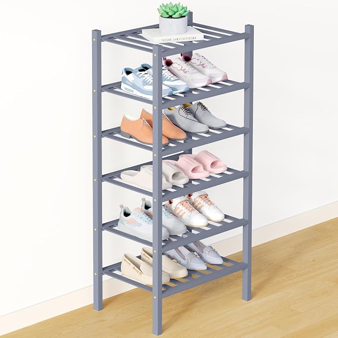 Smiry Bamboo Shoe Rack for Closet, 6 Tier Small Wooden Shoe Organizer, Stackable Wood Shoe Storage Shelf for Entryway, 14 Vertical Slats, 3+3 Stack Heavy-Duty Legs, 17.32"x11.02"x36.61", Grey