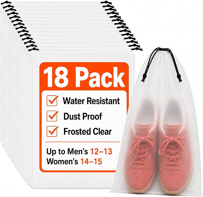 18 Pack Clear Shoe Bags for Travel Essentials, 15.7"×11.8" PEVA Drawstring, Water-Resistant, Fits up to Men’s 12–13, Reusable Storage for Clothes & Toiletries, Keep Luggage Tidy & Odor-Free