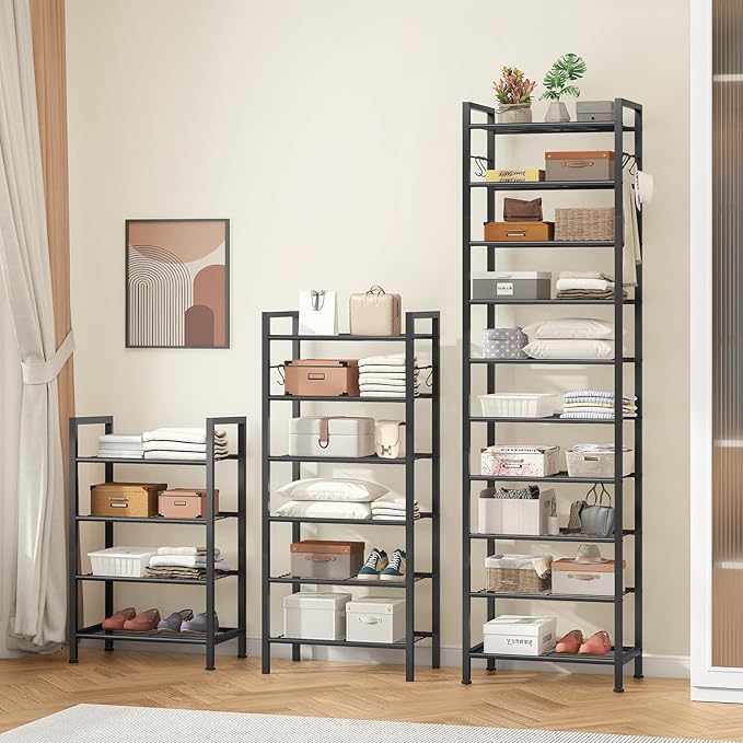 usikey 10 Tiers Narrow Shoe Rack 20-30 Pairs, Sturdy Metal Tall Shoe Rack Shelf with 4 Hooks, Slim Shoe Storage with Metal Shelf, Space Saving Vertical Shoe Organizer for Closet Entryway, Black