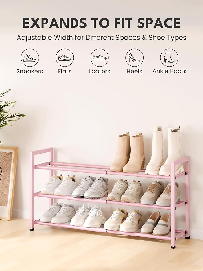 Bumusty 3-Tier Expandable Shoe Rack for Closet, 18“-33” Adjustable Shoe Rack for Small Space, Small Shoe Organizer for Front Door, Sturdy Metal, Pink