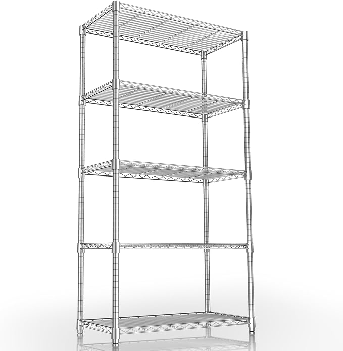 Xcity Storage Shelves, 5 Tier Heavy Duty Metal Shelving Unit, 2000 LBS Adjustable Steel Wire Shelf for Commercial, Pantry, Kitchen, Garage, 14" D x 36" W x 72" H, Chrome
