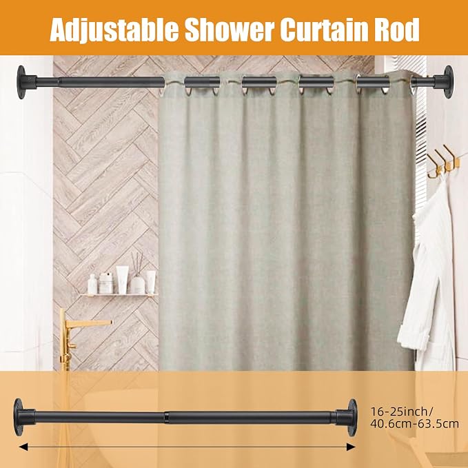 Closet Rods for Hanging Clothes 16-25 Inch Expandable Closet Rods, 1 Inch Diameter Adjustable Heavy Duty Closet Rod Wall-Mounted Fixed Shower Curtain Rod for Wardrobes Closet Laundry, Matte Black